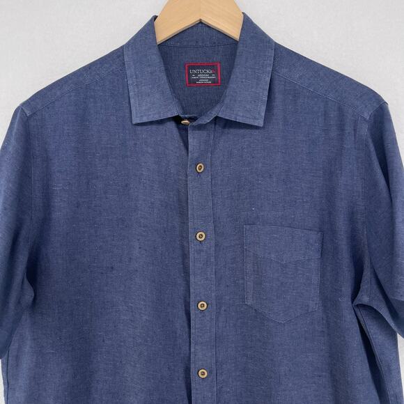 UNTUCKIT Shirt Mens M Cameron WR Linen Chambray Slim Fit Wrinkle Resistant Blue - Picture 2 of 13